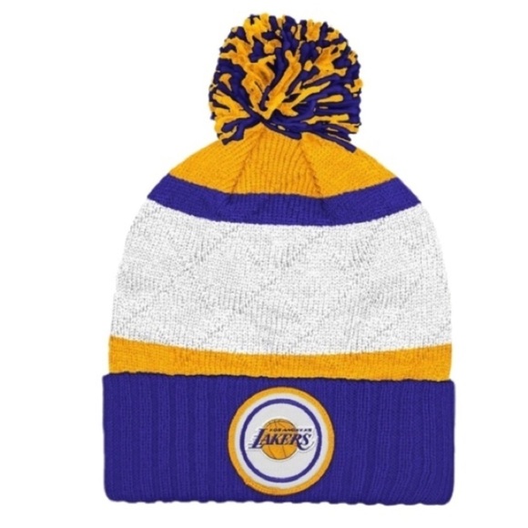 LA Lakers Bundle of 2 Mitchell & Ness + OTS NBA Logo Knit Cuffed Beanie Hats - Picture 3 of 11